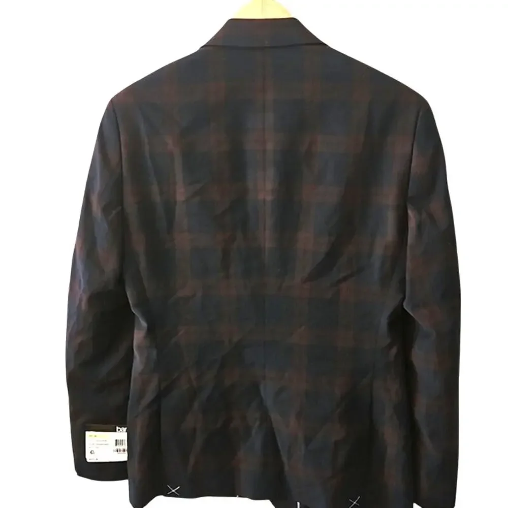 Bar III Mens Slim Fit Plaid Active Blazer Burgundy Navy 38S NWT